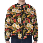 Koi Carp And Lotus Pattern Print Zip Sleeve Bomber Jacket