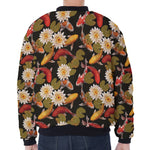 Koi Carp And Lotus Pattern Print Zip Sleeve Bomber Jacket