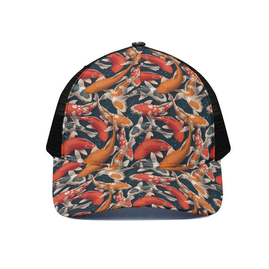 Koi Carp Pattern Print Black Mesh Trucker Cap