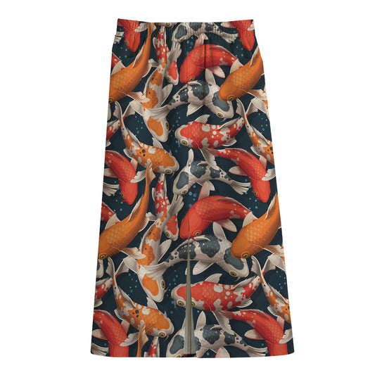 Koi Carp Pattern Print Cotton Front Slit Maxi Skirt