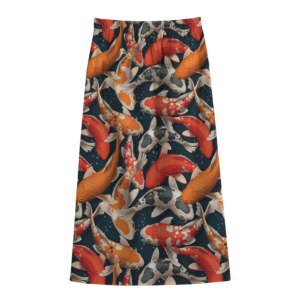 Koi Carp Pattern Print Cotton Front Slit Maxi Skirt