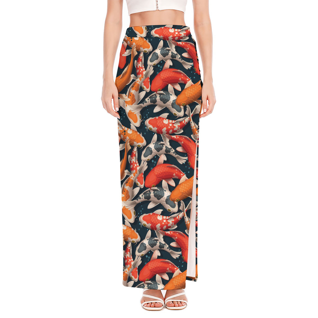 Koi Carp Pattern Print High Slit Maxi Skirt