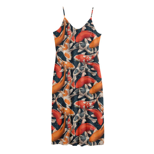 Koi Carp Pattern Print Jersey Midi Cami Dress