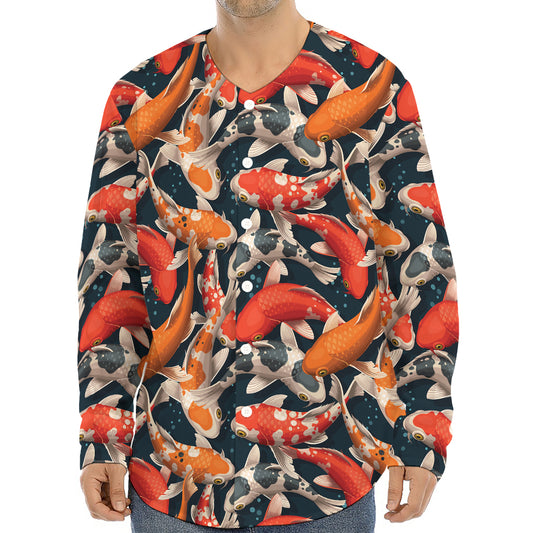 Koi Carp Pattern Print Long Sleeve Baseball Jersey