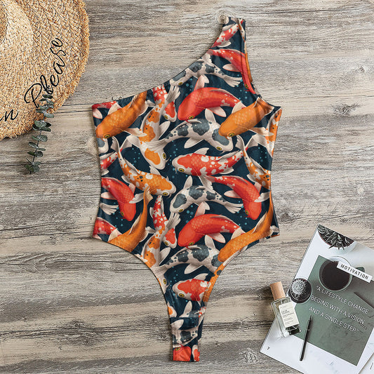 Koi Carp Pattern Print One Shoulder Bodysuit