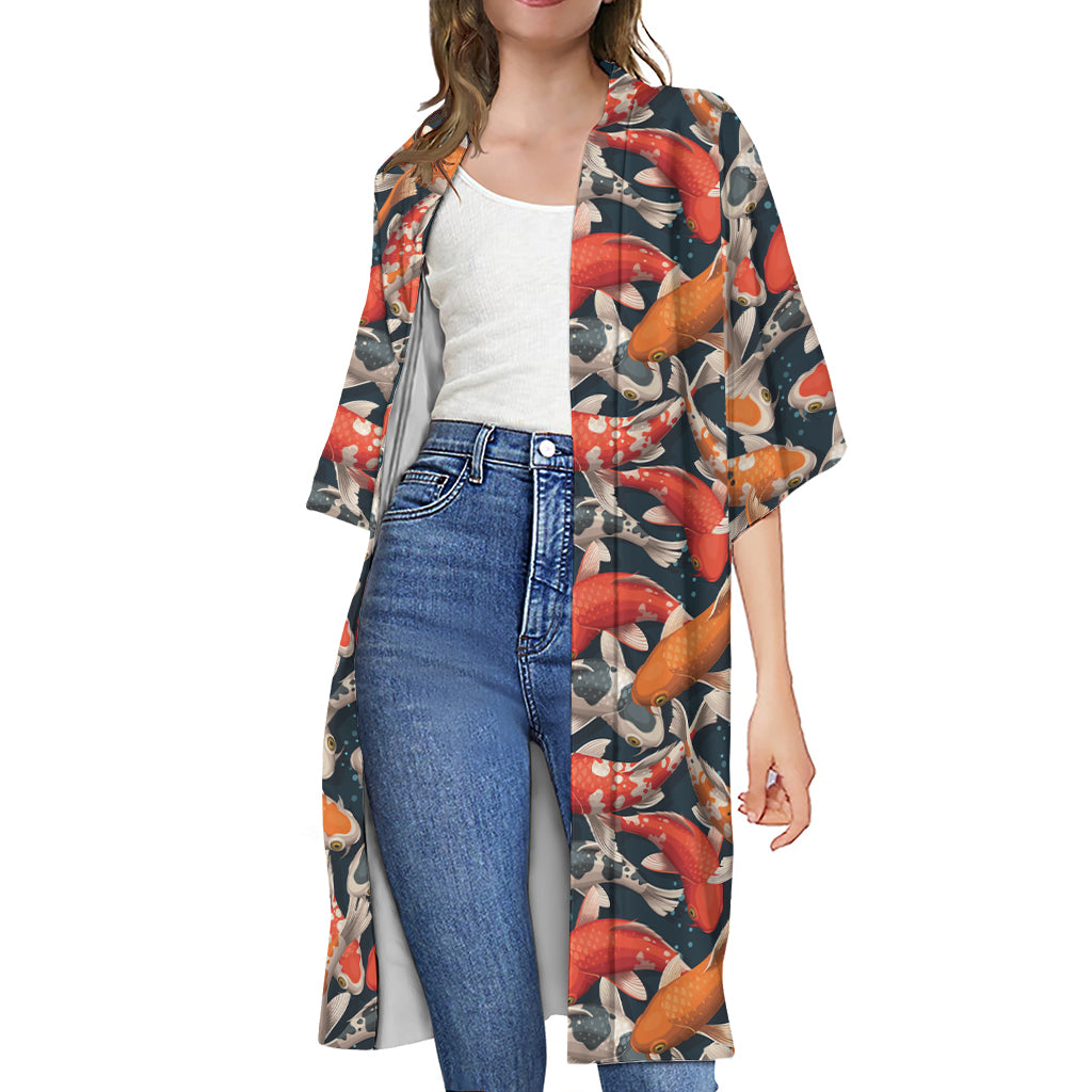 Koi Carp Pattern Print Open Front Beach Cover Up