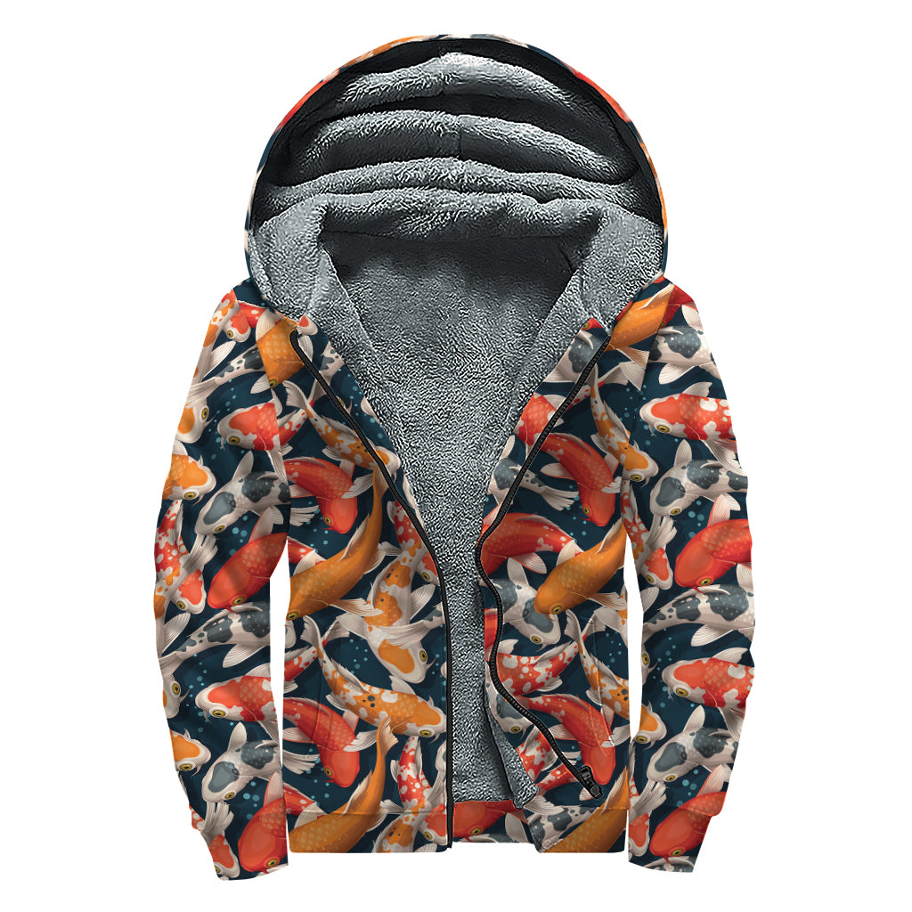 Koi Carp Pattern Print Sherpa Lined Zip Up Hoodie