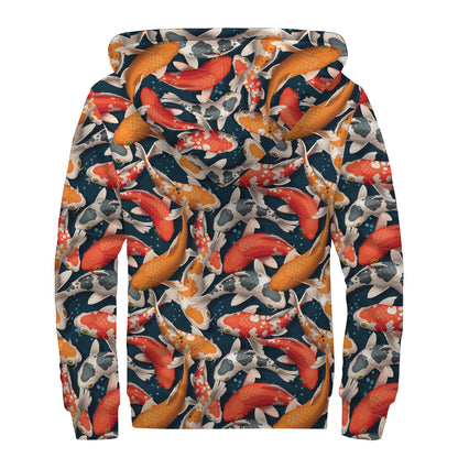 Koi Carp Pattern Print Sherpa Lined Zip Up Hoodie