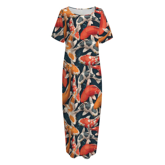 Koi Carp Pattern Print Short Sleeve Long Nightdress
