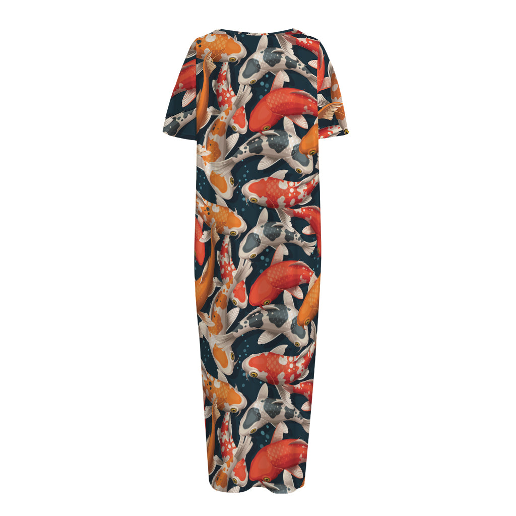 Koi Carp Pattern Print Short Sleeve Long Nightdress