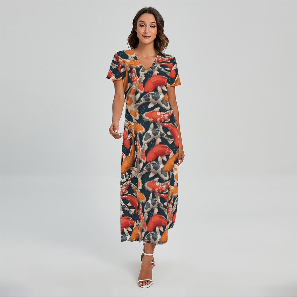 Koi Carp Pattern Print Short Sleeve Maxi Dress