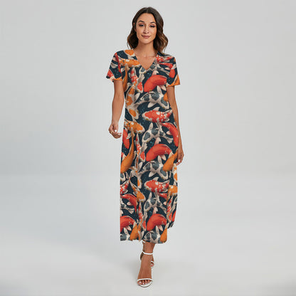 Koi Carp Pattern Print Short Sleeve Maxi Dress