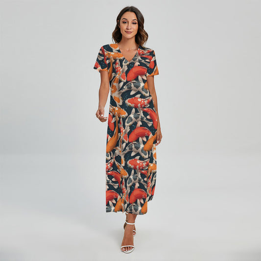 Koi Carp Pattern Print Short Sleeve Maxi Dress