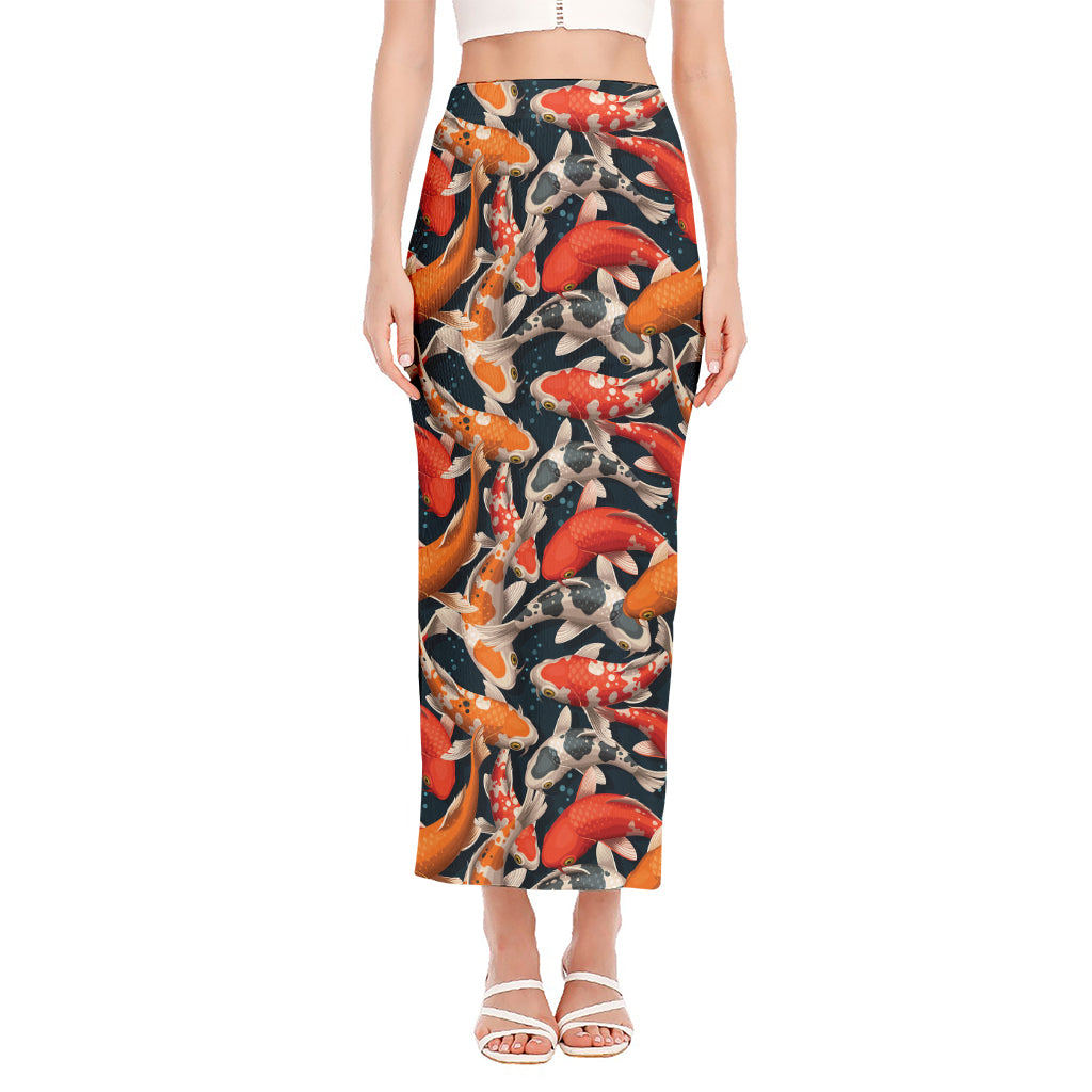 Koi Carp Pattern Print Side Slit Maxi Skirt