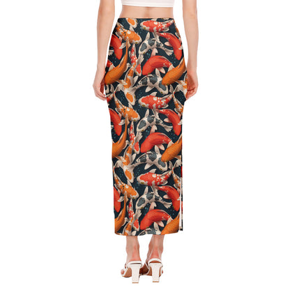 Koi Carp Pattern Print Side Slit Maxi Skirt