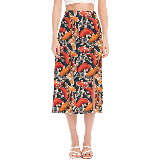 Koi Carp Pattern Print Side Slit Midi Skirt