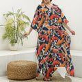 Koi Carp Pattern Print Silk V-Neck Kaftan Dress