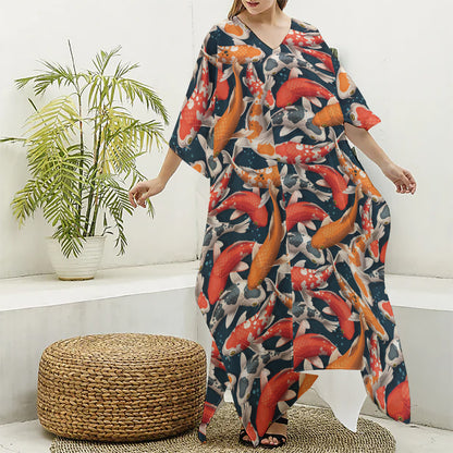 Koi Carp Pattern Print Silk V-Neck Kaftan Dress