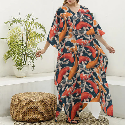 Koi Carp Pattern Print Silk V-Neck Kaftan Dress