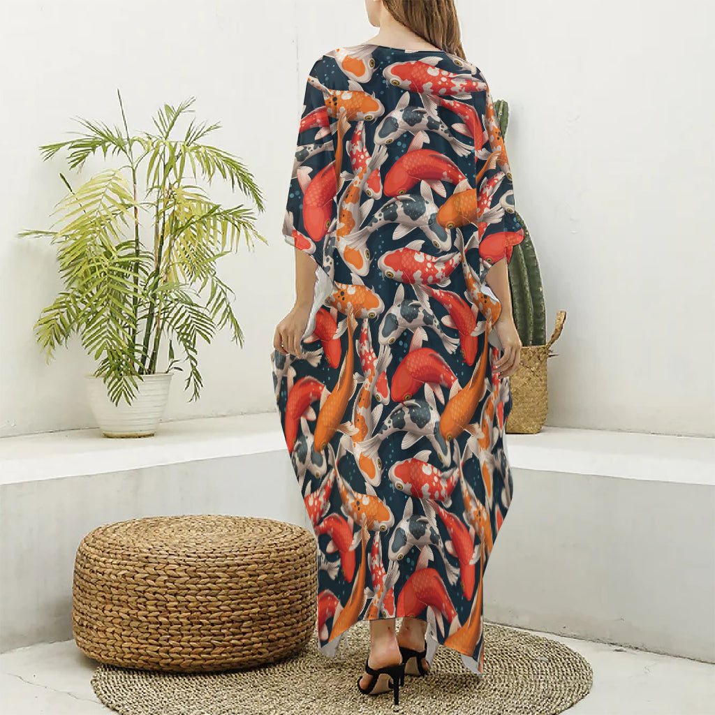 Koi Carp Pattern Print Silk V-Neck Kaftan Dress