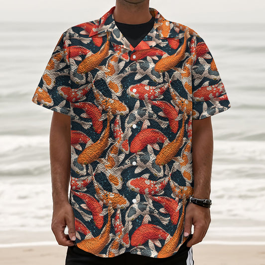 Koi Carp Pattern Print Textured Short Sleeve Shirt