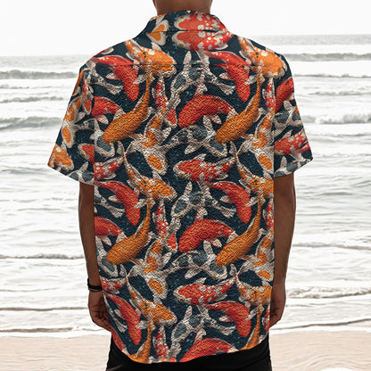 Koi Carp Pattern Print Textured Short Sleeve Shirt