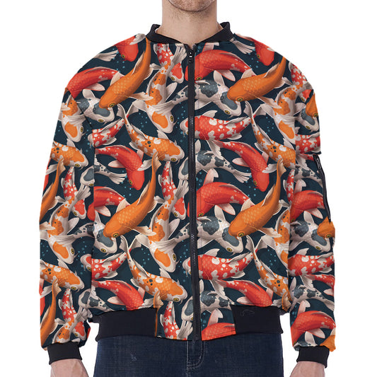 Koi Carp Pattern Print Zip Sleeve Bomber Jacket