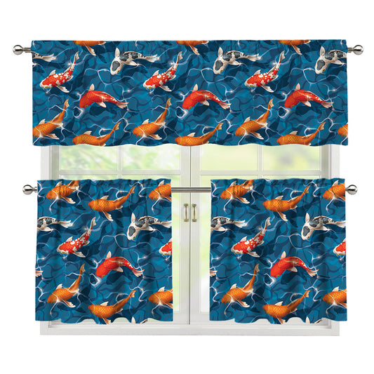 Koi Fish Pattern Print 3 Piece Kitchen Curtains
