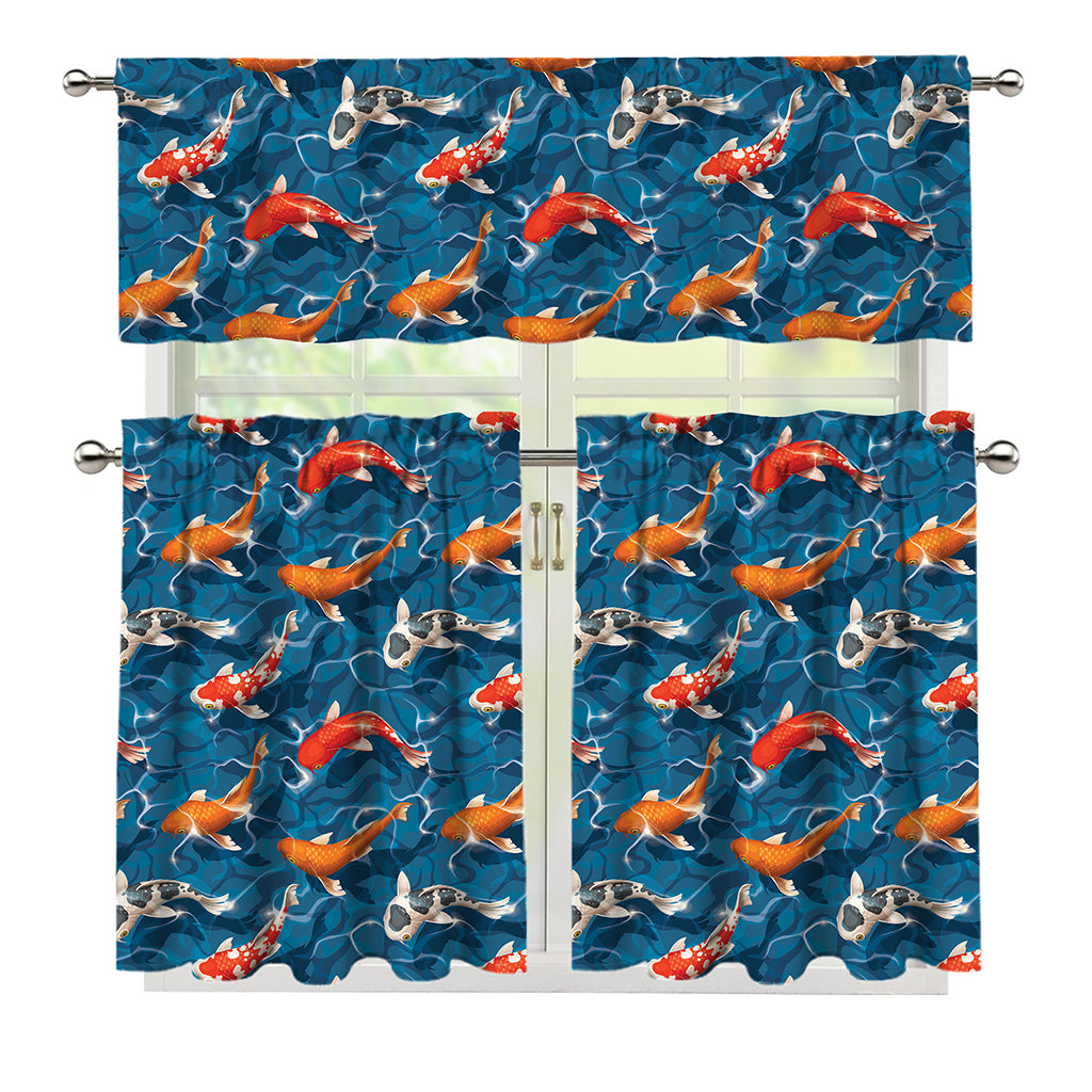 Koi Fish Pattern Print 3 Piece Kitchen Curtains