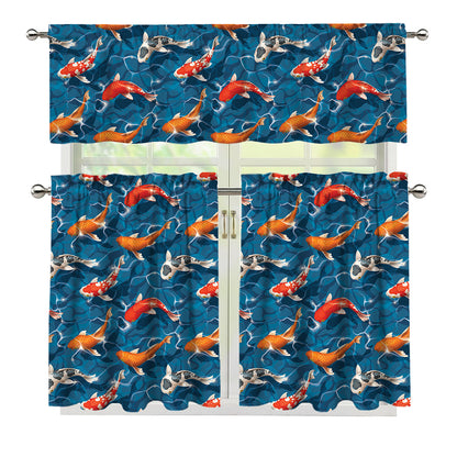 Koi Fish Pattern Print 3 Piece Kitchen Curtains