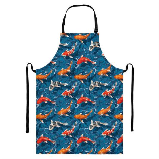 Koi Fish Pattern Print Bib Apron With Pocket