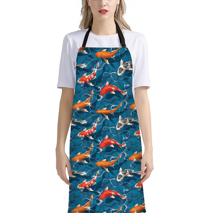 Koi Fish Pattern Print Bib Apron With Pocket
