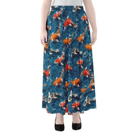Koi Fish Pattern Print Chiffon Maxi Skirt