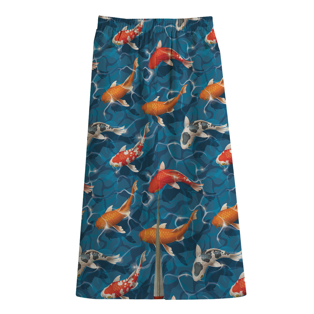 Koi Fish Pattern Print Cotton Front Slit Maxi Skirt