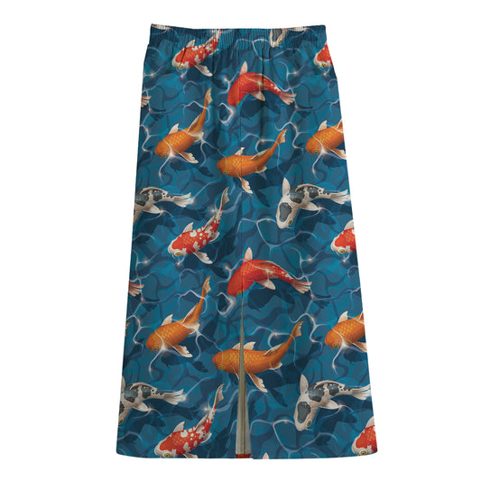 Koi Fish Pattern Print Cotton Front Slit Maxi Skirt