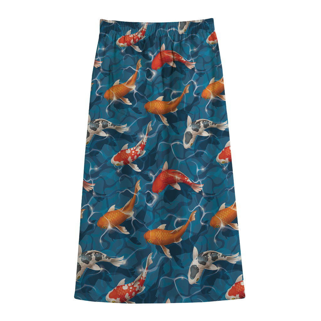 Koi Fish Pattern Print Cotton Front Slit Maxi Skirt