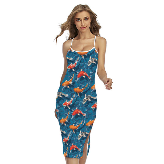 Koi Fish Pattern Print Cross Back Cami Dress