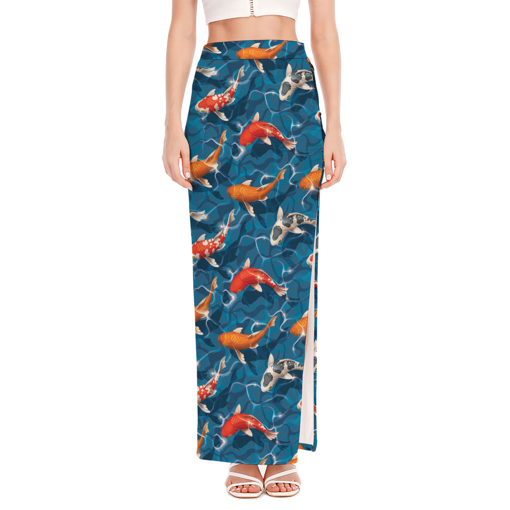 Koi Fish Pattern Print High Slit Maxi Skirt