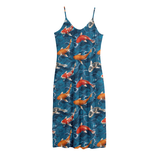 Koi Fish Pattern Print Jersey Midi Cami Dress