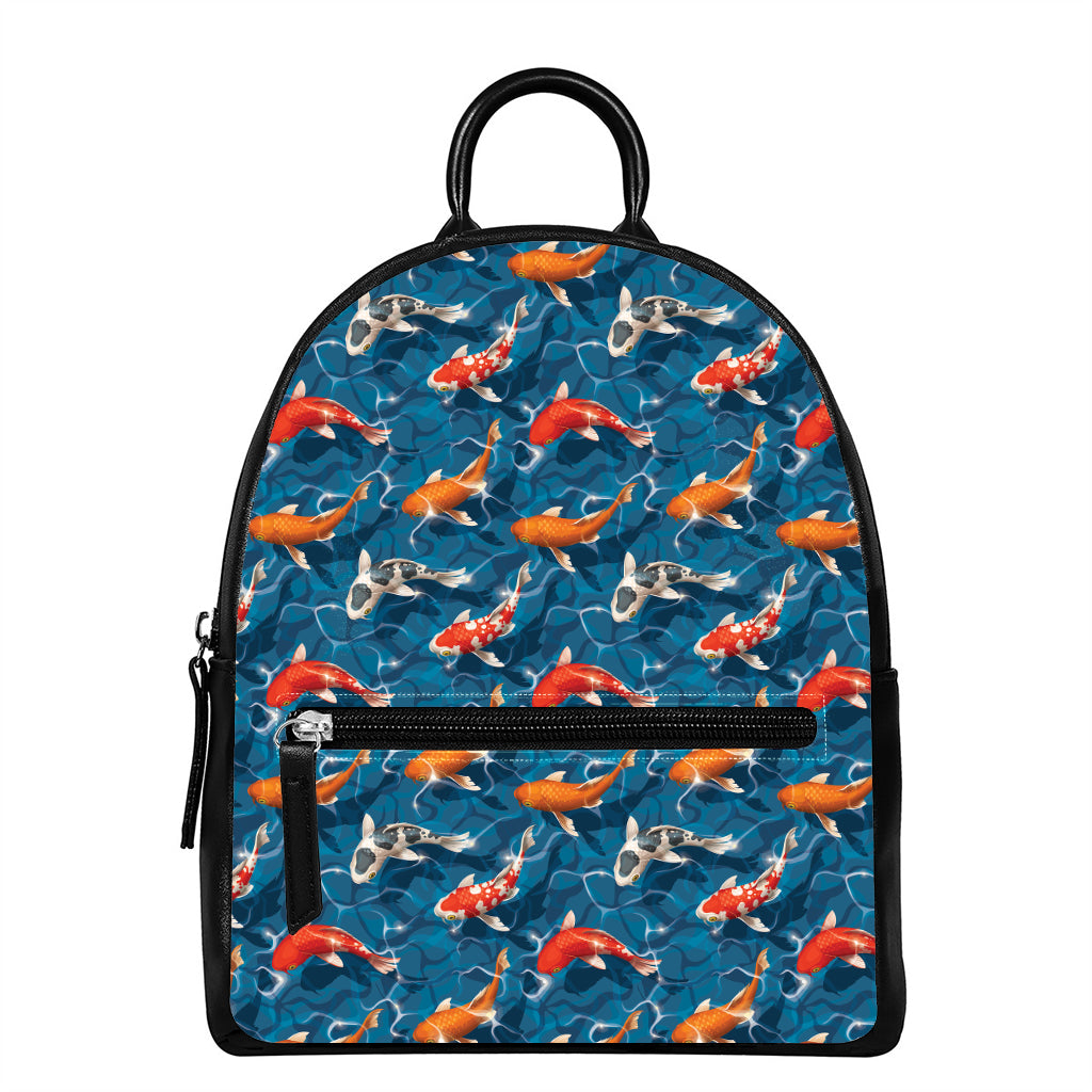 Koi Fish Pattern Print Leather Backpack
