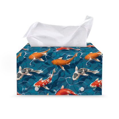 Koi Fish Pattern Print Leather Tissue Box Cover