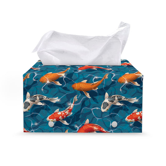 Koi Fish Pattern Print Leather Tissue Box Cover