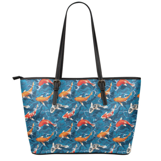 Koi Fish Pattern Print Leather Tote Bag