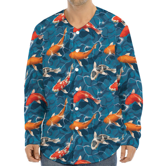 Koi Fish Pattern Print Long Sleeve Baseball Jersey