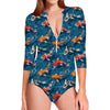 Koi Fish Pattern Print Long Sleeve Swimsuit