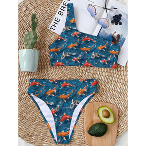 Koi Fish Pattern Print One Shoulder Bikini Top