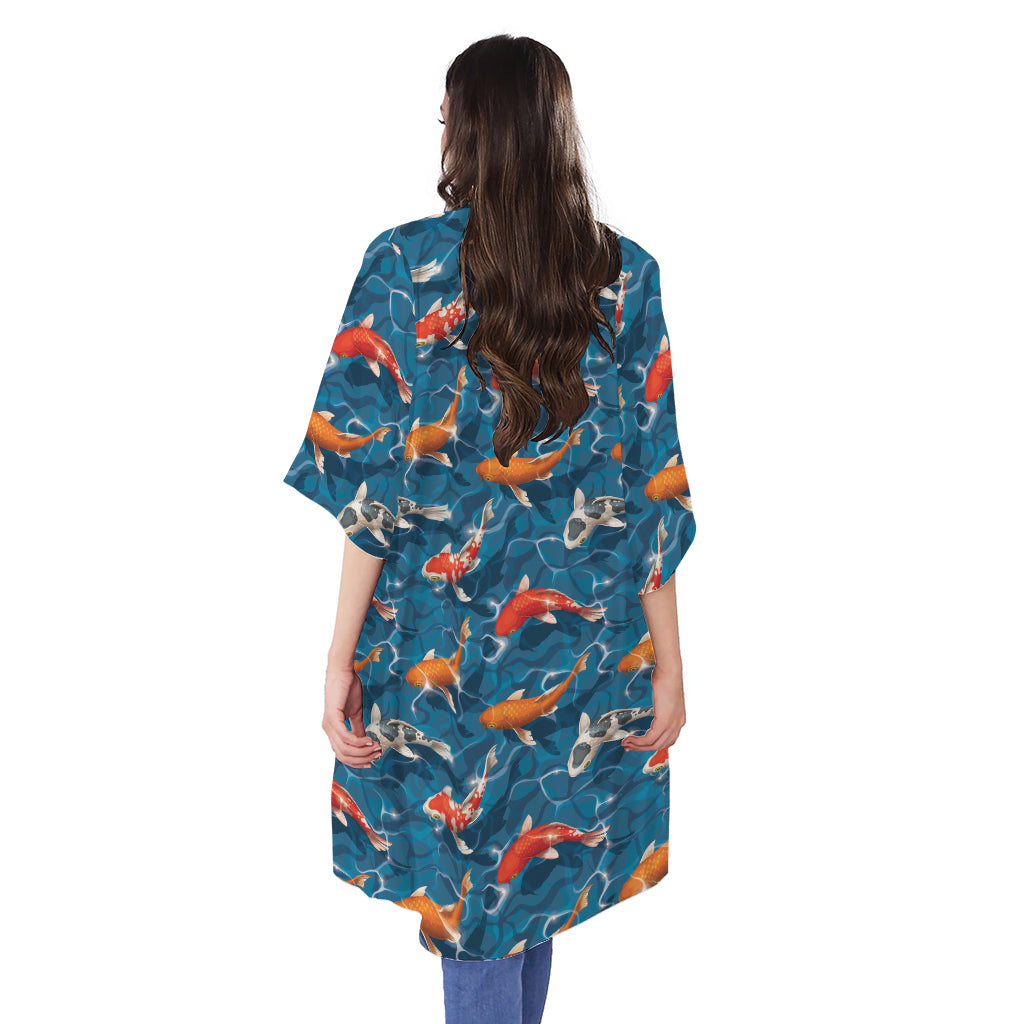 Koi Fish Pattern Print Open Front Beach Cover Up