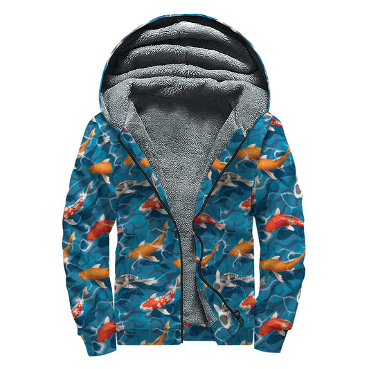 Koi Fish Pattern Print Sherpa Lined Zip Up Hoodie