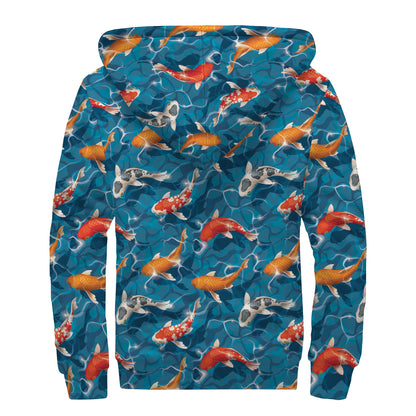 Koi Fish Pattern Print Sherpa Lined Zip Up Hoodie