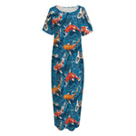 Koi Fish Pattern Print Short Sleeve Long Nightdress